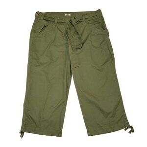 Womens Olive Green Capri Pants With Drawstring Waist & Hem Size 14 100% Cotton.